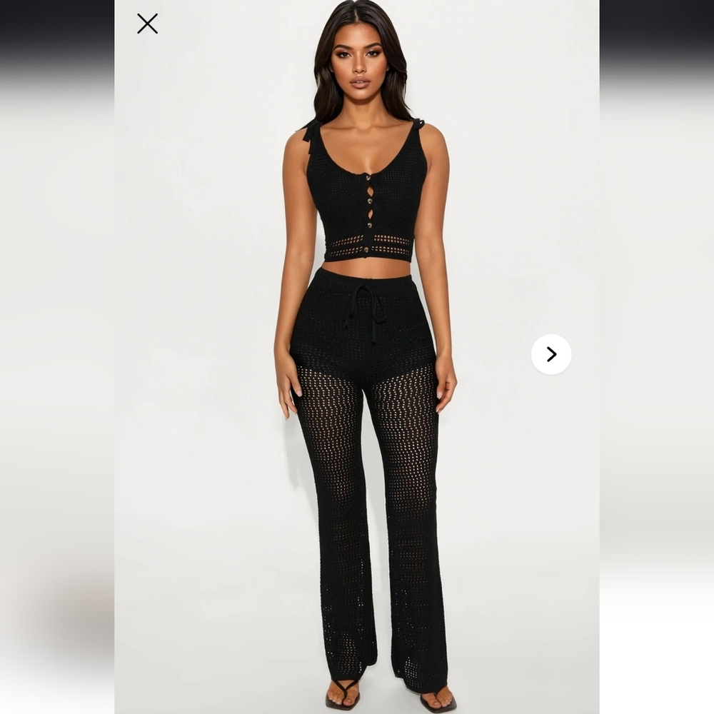 Fashion Nova Black Crochet Knit Two-Piece Pantsuit